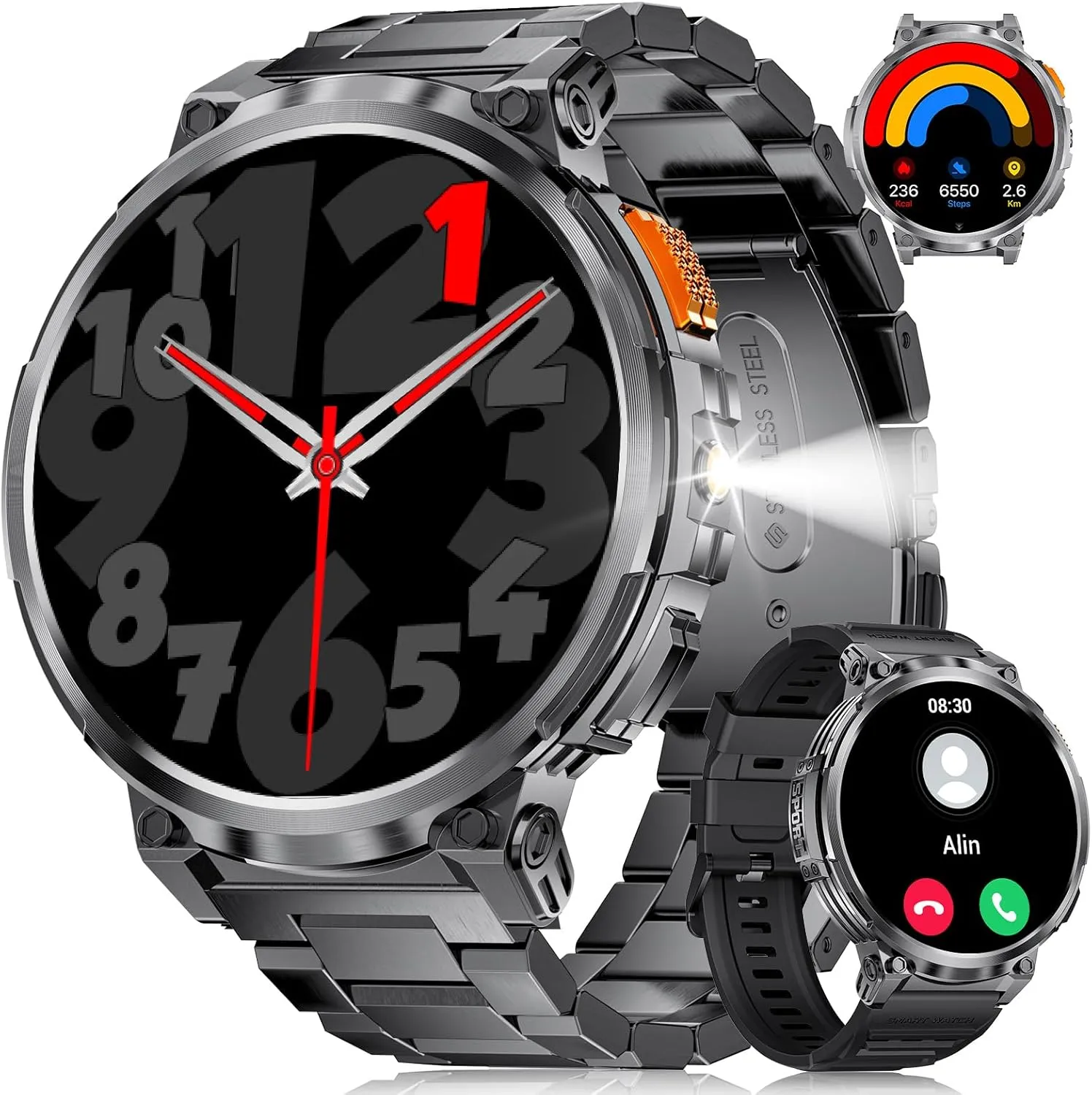 1.85" IPS Ultra Screen Smartwatch with LED Flashlight for Android iOS, 55mm Military Smart Watches for Men, IP68 Waterproof, Make/Answer Call, 24H Heart Rate, 730mAh, 100  Sports, Metal Strap