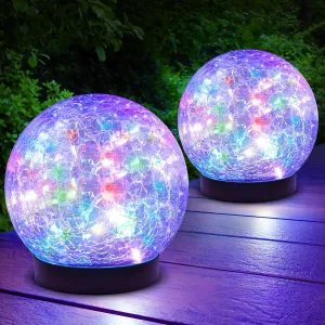 2-Pack Garden Solar Lights Outdoor, Colored Cracked Glass Ball Light Waterproof, Decorative Solar Powered Globe Lighting Multicolor for Yard