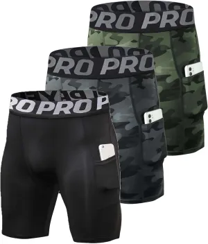 3 Pack Compression Shorts Men with Pocket Cool Dry Spandex Athletic Shorts Biker Running Tights Underwear