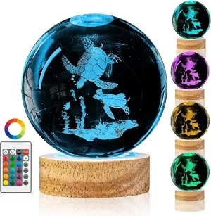 3D Sea Turtle Crystal Ball Night Light with 16 Color LED Wooden Base, Large 3.15 Inch Sea Turtle Glass Ball Lamps with Remote Cool Birthday Christmas Turtle Decor Gifts for Boys Girls Friends