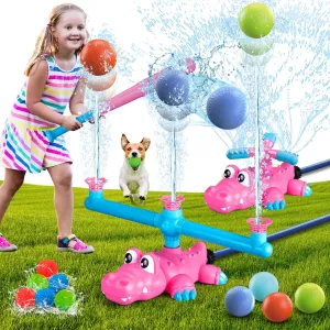 4-in-1 Water Sprinkler Baseball & Water Ball Toy, Crocodile 360° Roating Spray Toys with 3 Jets 4 Baseballs 6 Reusable Water Balls, Summer Outdoor Backyard Game for Kids Boys Girls Ages 3-8