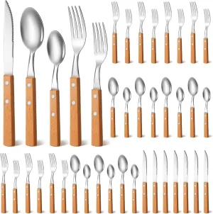 40 Pcs Wooden Handle Silverware Cutlery Set Walnut Handle 18/8 (304) Stainless Steel Cutlery Set Wooden Handle Knife Fork Spoon Reusable Utensils Serves for 8 (Wood Color)