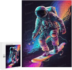 500 Pieces Skateboarding Astronaut Wooden Jigsaw Puzzle, Challenging and Fun Activity - Interesting and Warm Art Adult Puzzles - Modern Home Decor Ideal Gift