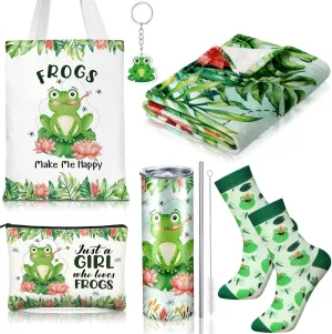 6 Pcs Frog Gifts for Women Include 20 oz Frog Stainless Steel Tumbler with Lid Straw Cosmetic Bag Throw Blanket Keychain Socks Handbag for Graduation Christmas Birthday Gift