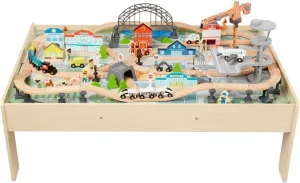 Amazon Basics 120 Piece Wooden Train Set and Table-kids Gift for Age 3Y , Multi, Product dimensions: 47.4 x 33.46 x 16.14 inches