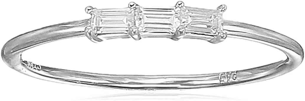 Amazon Essentials Baguette Cubic Zirconia 3-Stone Dainty Demi Fine Stacking Ring in Sterling Silver (previously Amazon Collection)