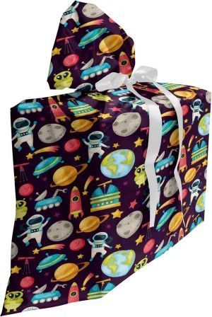 Ambesonne Outer Space Fabric Gift Bag, Galaxy Party Pattern Ufo Aliens Telescope Cosmos Milky Way Mercury Neptune, Present Sack for Parties Birthdays with 3 Ribbons, 27, Multicolor