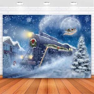 Avezano Christmas Train Backdrop Snow Night Christmas Polar Express Backdrop Moon Santa Claus Railway Photography Background Xmas Day Party Banner Decoration (7x5ft, 83x59inch)