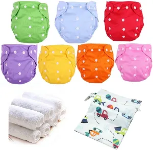 Baby Cloth Diapers Washable Reusable Diapers for Baby Girls and Boys, One Size Adjustable 7 Pack with 7 Inserts and 1 Storage Bag