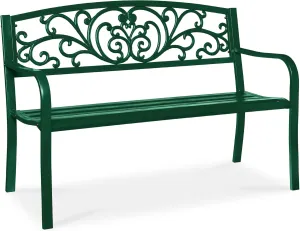 Best Choice Products Outdoor Bench Steel Garden Patio Porch Furniture for Lawn, Park, Deck w/Floral Design Backrest, Slatted Seat - Dark Green