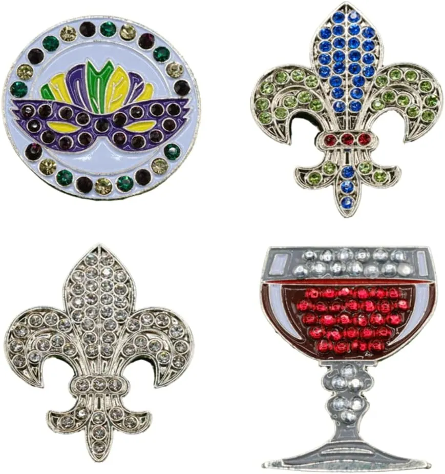 Bling Golf Ball Markers - 4 Pcs Swarovski Crystals Markers Assorted Pattern Golf Accessory - Fun Golf Gifts for Men Women Easy Remove & Attach with Divot Fixers Necklaces