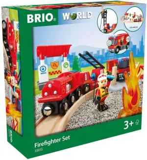 BRIO World Rescue Firefighter Set - 18-Piece FSC-Certified Wood Train Set & Accessories - Fire Train Engine with Lights and Sound, Wooden Tracks & More - Works with All Sets - Ages 3 & Up