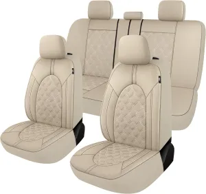 CAROMOP Luxury PU Leather Car Seat Covers Full Set-Waterproof Seat Protectors with Split Bench Seat Covers for Cars-Universal Cars Interior Covers for Sedans, SUVs, Pick-up Trucks(Beige/Beige Line)