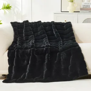 Cozy Bliss Faux Fur Throw Blanket for Couch, Cozy Warm Plush Striped Blanket for Sofa Bedroom Living Room, Black