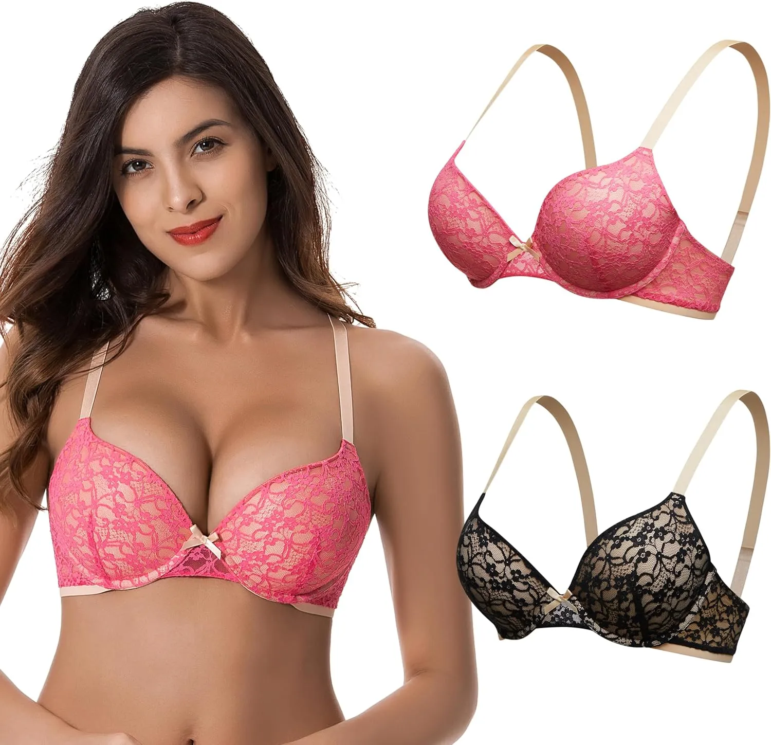 Curve Muse Women's Plus Size Perfect Shape Add 1 Cup Push Up Underwire Lace Bras