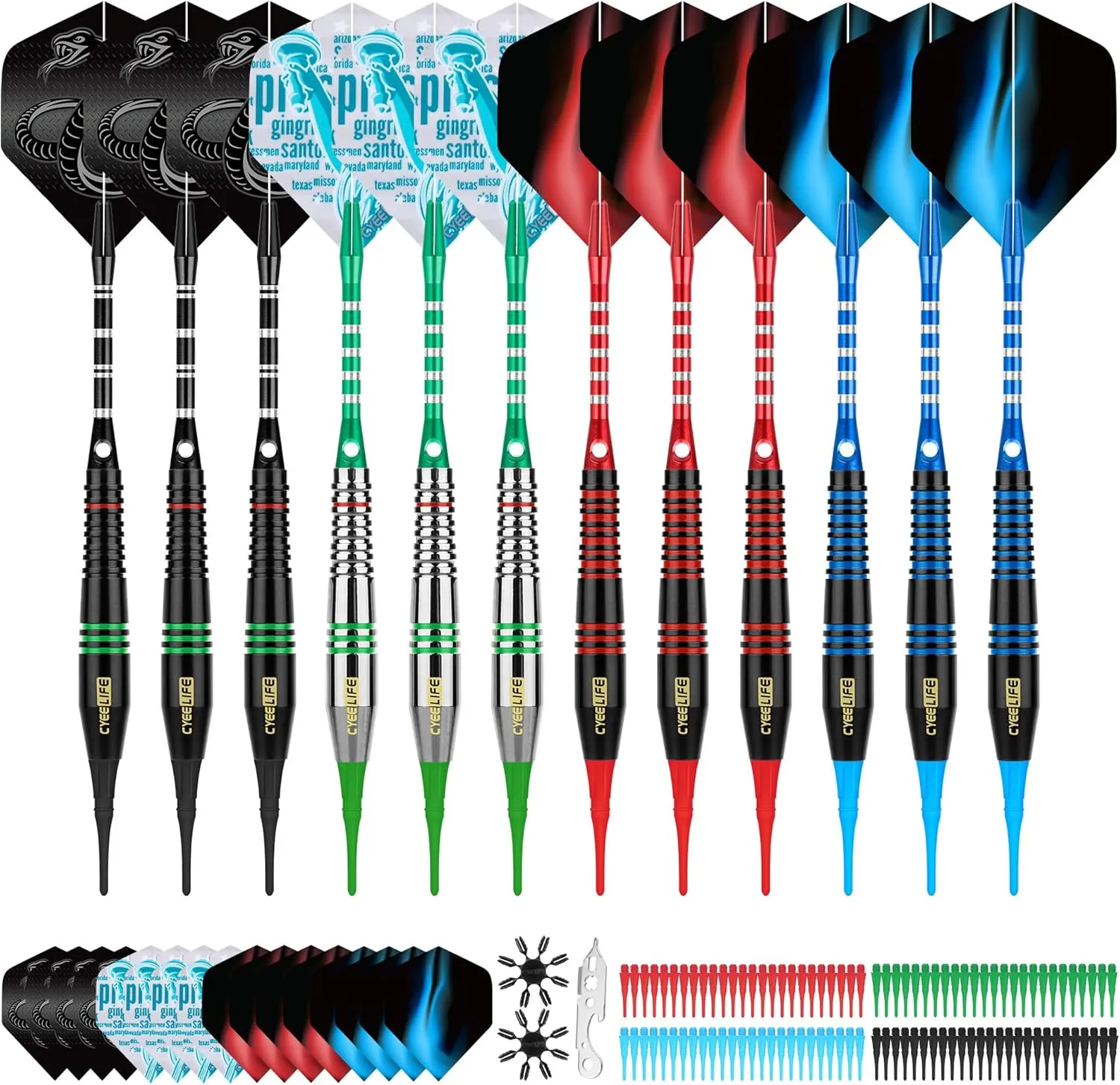 CyeeLife Darts Plastic Tip - Soft Tip Darts Set - 12 Pcs 18 Gram with 4 Colors Premium Aluminum Shafts, 100 Extra Dart Tips 16pcs Flights and 2pcs Flight Protectors for Electronic Dart Board