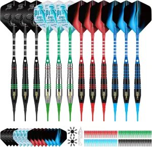 CyeeLife Darts Plastic Tip - Soft Tip Darts Set - 12 Pcs 18 Gram with 4 Colors Premium Aluminum Shafts, 100 Extra Dart Tips 16pcs Flights and 2pcs Flight Protectors for Electronic Dart Board