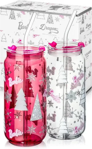 Dragon Glassware x Barbie Christmas Drinking Glasses - 20 oz Glass Cups with Lids and Straws Set of 2 - Pink Iced Coffee Cups with Lids - Reusable Glass Tumbler with Straw and Lid