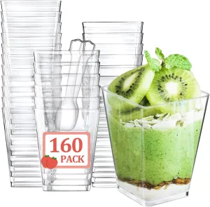 Eupako 160 Pack 5 OZ Plastic Mini Dessert Cups with Spoons - Clear Small Parfait Cups, Square Appetizer Cups for Fruit, Pudding, Mousse, Ice Cream, Party, Wedding, Valentine's Day