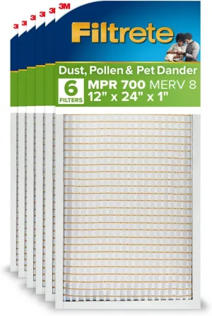 Filtrete 12x24x1 AC Furnace Air Filter, MPR 700, MERV 8, Tough on Pollen, Easy on Airflow, 3-Month Pleated 1-Inch Electrostatic Air Cleaning Filter, 6-Pack (Actual Size 11.69 x 23.69 x 0.81 in)