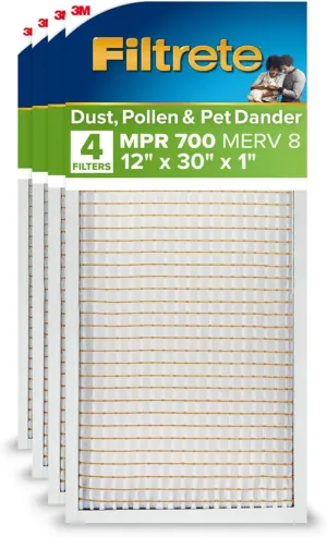 Filtrete 12x30x1 AC Furnace Air Filter, MPR 700, MERV 8, Tough on Pollen, Easy on Airflow, 3-Month Pleated 1-Inch Electrostatic Air Cleaning Filter, 4-Pack (Actual Size 11.81 x 29.81 x 0.81 in)