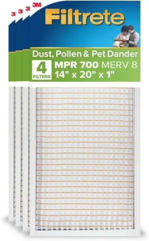 Filtrete 14x20x1 AC Furnace Air Filter, MERV 8, MPR 700, Tough on Pollen, Easy on Airflow, 3-Month Pleated 1-Inch Electrostatic Air Cleaning Filter, 4-Pack (Actual Size 13.688 x 19.688 x 0.78 in )