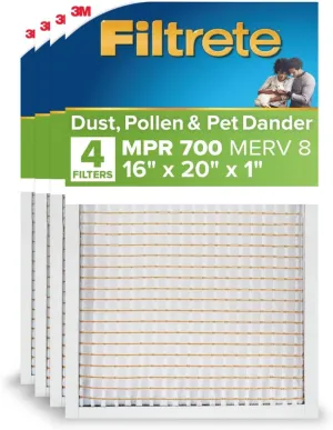 Filtrete 16x20x1 AC Furnace Air Filter, MERV 8, MPR 700, Tough on Pollen, Easy on Airflow, 3-Month Pleated 1-Inch Electrostatic Air Cleaning Filter, 4-Pack (Actual Size 15.688 x 19.688 x 0.78 in )