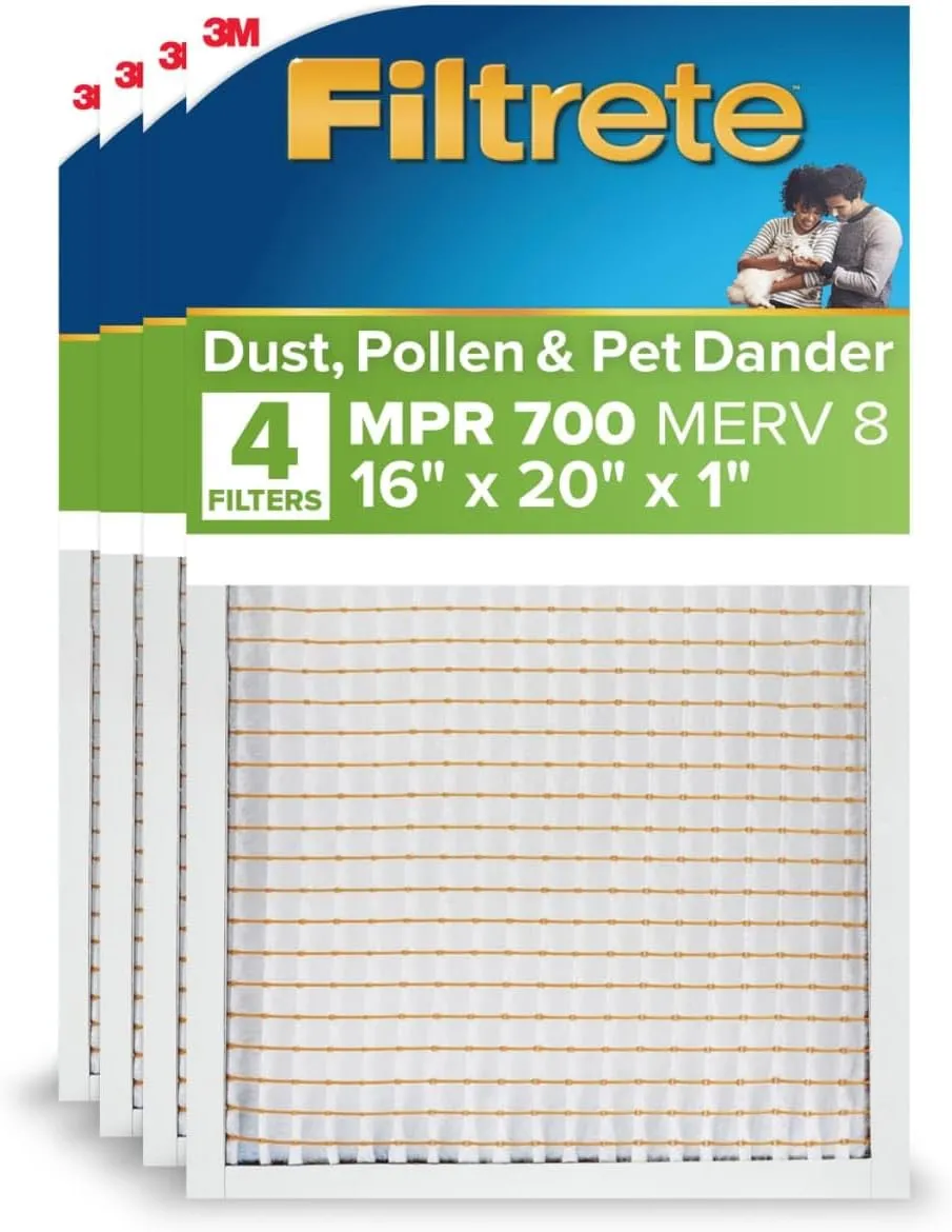Filtrete 16x20x1 AC Furnace Air Filter, MERV 8, MPR 700, Tough on Pollen, Easy on Airflow, 3-Month Pleated 1-Inch Electrostatic Air Cleaning Filter, 4-Pack (Actual Size 15.688 x 19.688 x 0.78 in )