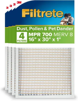 Filtrete 16x30x1 AC Furnace Air Filter, MPR 700, MERV 8, Tough on Pollen, Easy on Airflow, 3-Month Pleated 1-Inch Electrostatic Air Cleaning Filter, 4-Pack (Actual Size 15.81 x 29.81 x 0.81 in)
