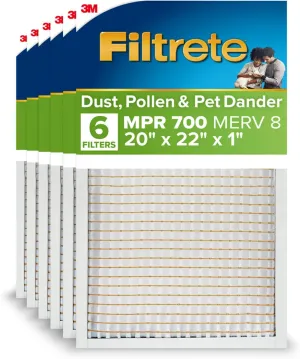 Filtrete 20x22x1 AC Furnace Air Filter, MPR 700, MERV 8, Tough on Pollen, Easy on Airflow, 3-Month Pleated 1-Inch Electrostatic Air Cleaning Filter, 6-Pack (Actual Size 19.81 x 21.81 x 0.81 in)