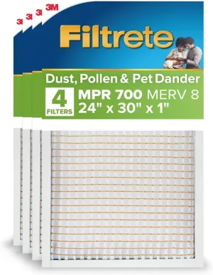 Filtrete 24x30x1 AC Furnace Air Filter, MPR 700, MERV 8, Tough on Pollen, Easy on Airflow, 3-Month Pleated 1-Inch Electrostatic Air Cleaning Filter, 4-Pack (Actual Size 23.81 x 29.81 x 0.81 in)