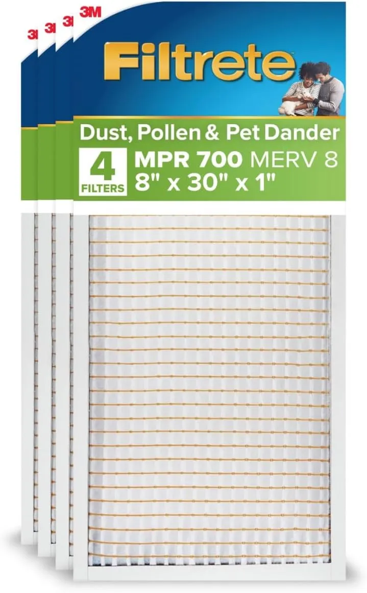 Filtrete 8X30X1 Air Filter, MPR 700, MERV 8, Clean Living Dust, Pollen and Pet Dander Reduction 3-Month Pleated 1-Inch Air Filters, 4 Filters