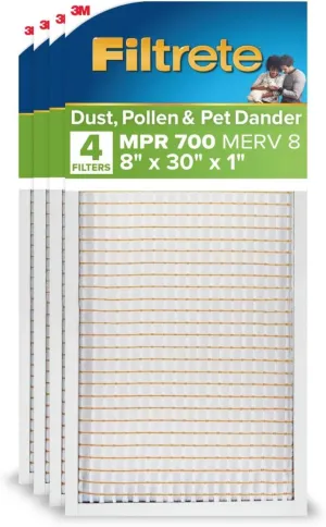Filtrete 8X30X1 Air Filter, MPR 700, MERV 8, Clean Living Dust, Pollen and Pet Dander Reduction 3-Month Pleated 1-Inch Air Filters, 4 Filters