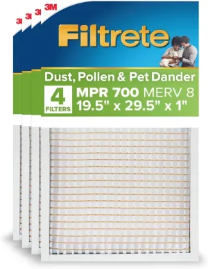 Filtrete Electrostatic Air Filter, 19.5x29.5x1,MPR 700,MERV 8,Clean Living Dust, Pollen and Pet Dander Reduction,Pleated HVAC AC Furnace Air Filters, 4 Filters