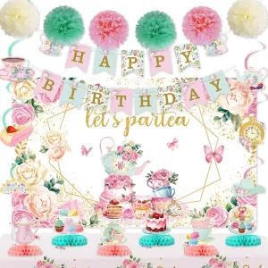 Floral Tea Party Decorations Let's Par Tea Decorations with Floral Tea Honeycomb Centerpieces Tea Hanging Swirl Banner Backdrop Flower Ball for Birthday Baby Shower Wedding Tea Party Supplies