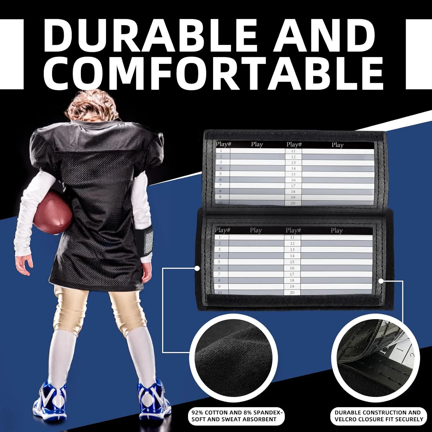 Football Play Wristbands, Triple Window Youth and Adults QB Wristband Playbook, Quarterback Wrist Bands for Plays, Softball Wristbands for Signs