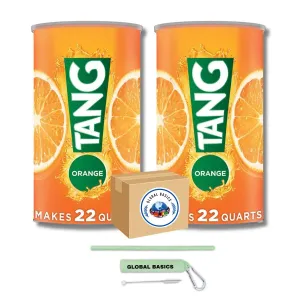 Global Basics Tang Orange Flavored Powdered Drink Mix | Pack of 2 | 72 oz Per Canister - 144 oz TOTAL | Includes A Global Basics Reusable Straw Set!