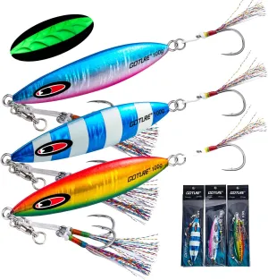 Goture Slow Flat Fall Luminous Lead Vertical Saltwater Artificial Lure Jig Fishing Lure with Two Assist Mustad Hook for Tuna Kingfish Bass Salmon