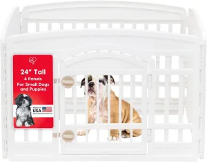 IRIS USA 24" 4-Panel Pet Dog Puppy Playpen with Door, for Puppies and Small Dogs, Keep Pets Secure, Easy Assemble, Fold It Down, Easy Storing, Customizable, White