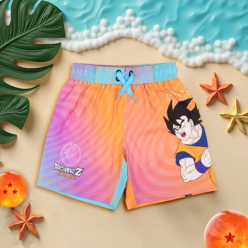 Isaac Morris Limited Dragon Ball Z Boy's Goku Graphic Swim Shorts - Pull-On Drawstring Swim Trunks for Kids