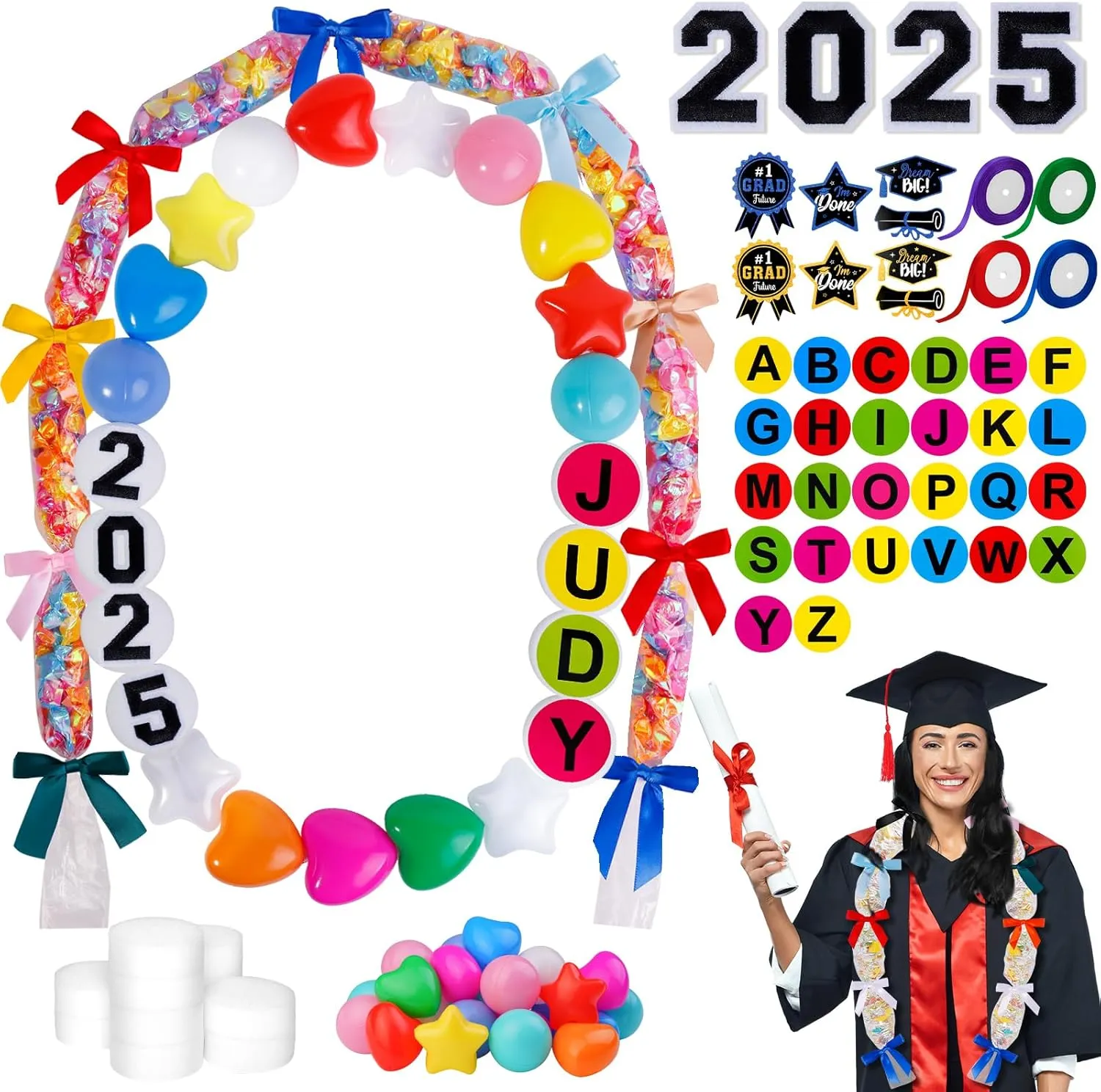 Japior Graduation Leis Class of 2025 DIY Colorful Oversized Lei Making Kit with Candy Lei Tubing Ribbon Leis Graduation Necklace Accessories for Women Men College Graduate Decor