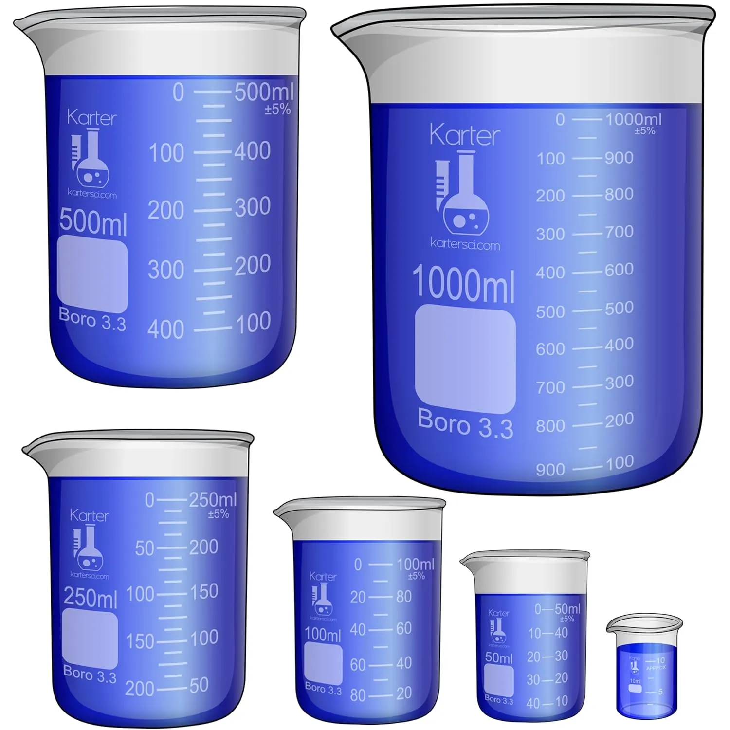 Karter Scientific, 3.3 Boro, Griffin Low Form, Glass Beaker Set - 6 Sizes - 10ml, 50ml, 100ml, 250ml, 500ml, 1000ml