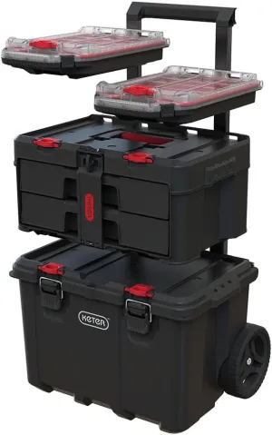 Keter Stack-n-Roll Modular Tools Organizer for Garage Storage and DIY, 4 Piece Resin Rolling Tool Box System for Small Parts, Black