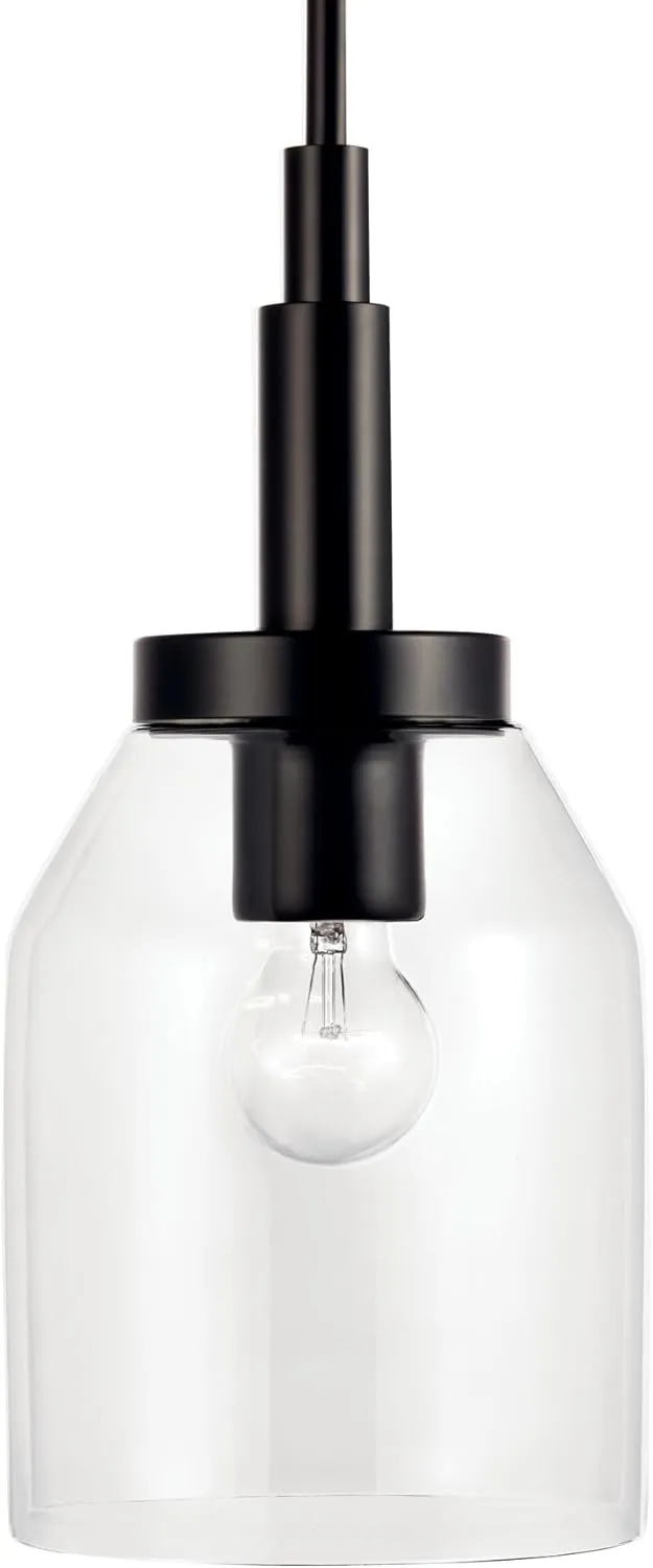KICHLER Madden 1-Light Mini Pendant with Clear Glass in Black, Sloped Ceiling Compatible, for Bathroom or Kitchen (15" x 7"), 52725BK