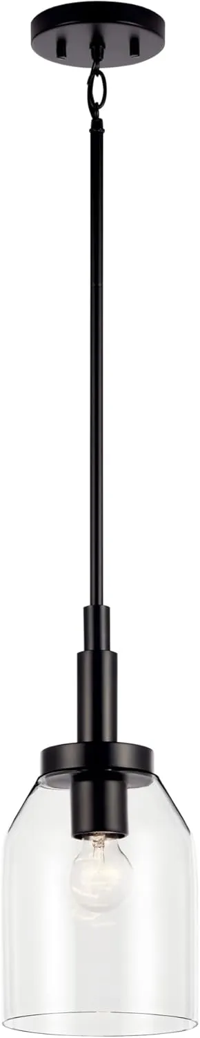 KICHLER Madden 1-Light Mini Pendant with Clear Glass in Black, Sloped Ceiling Compatible, for Bathroom or Kitchen (15" x 7"), 52725BK