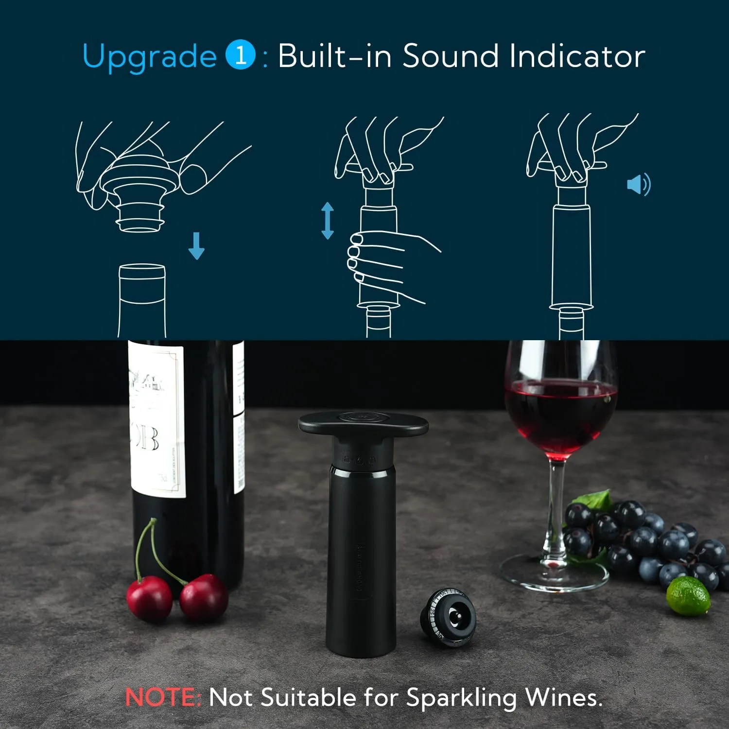 KITCHENDAO Wine Saver Pump with Sound Indicator，4 Vacuum Wine Stoppers and Storage Box, Reusable Wine Stoppers Preserver to Keep Wine Fresh