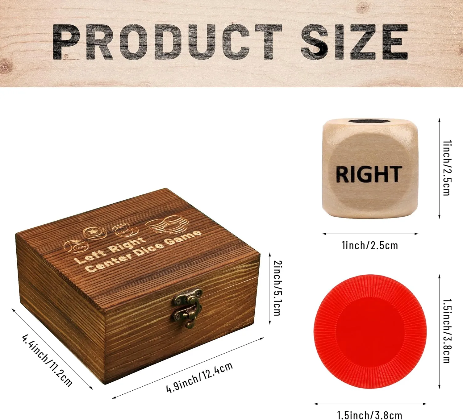 Left Right Center Dice Game Set, Include 3 1-inch Wooden Dices and 48 Pcs Chips in Wooden Box, Easy to Store and Carry Around for Travel
