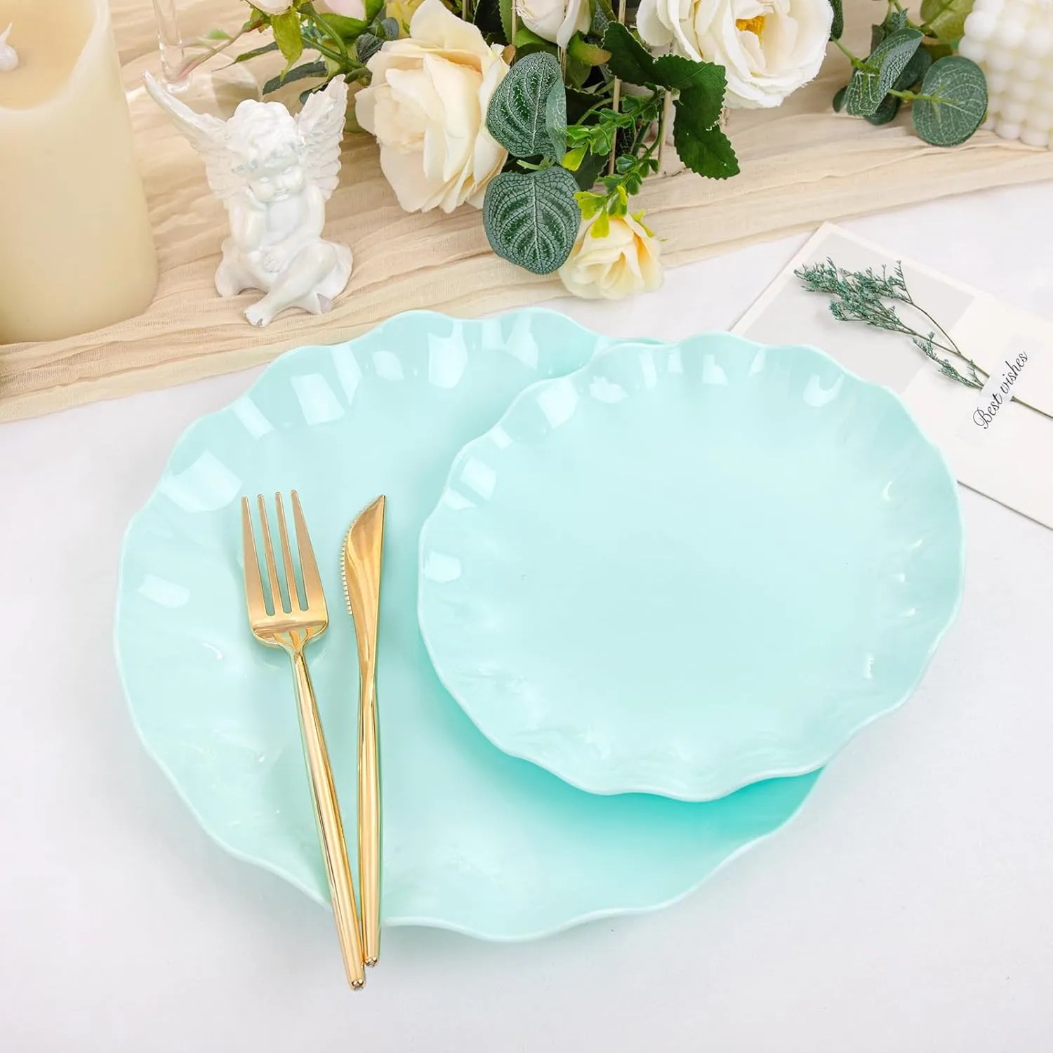 LIYH 24 Pcs Plastic Plates Reusable - Unbreakable Party Scalloped Plates, Microwave & Dishwasher Safe Camping Plate Sets Perfect for Parties, Wedding, Birthday, Picnics, BPA Free (12Guests)