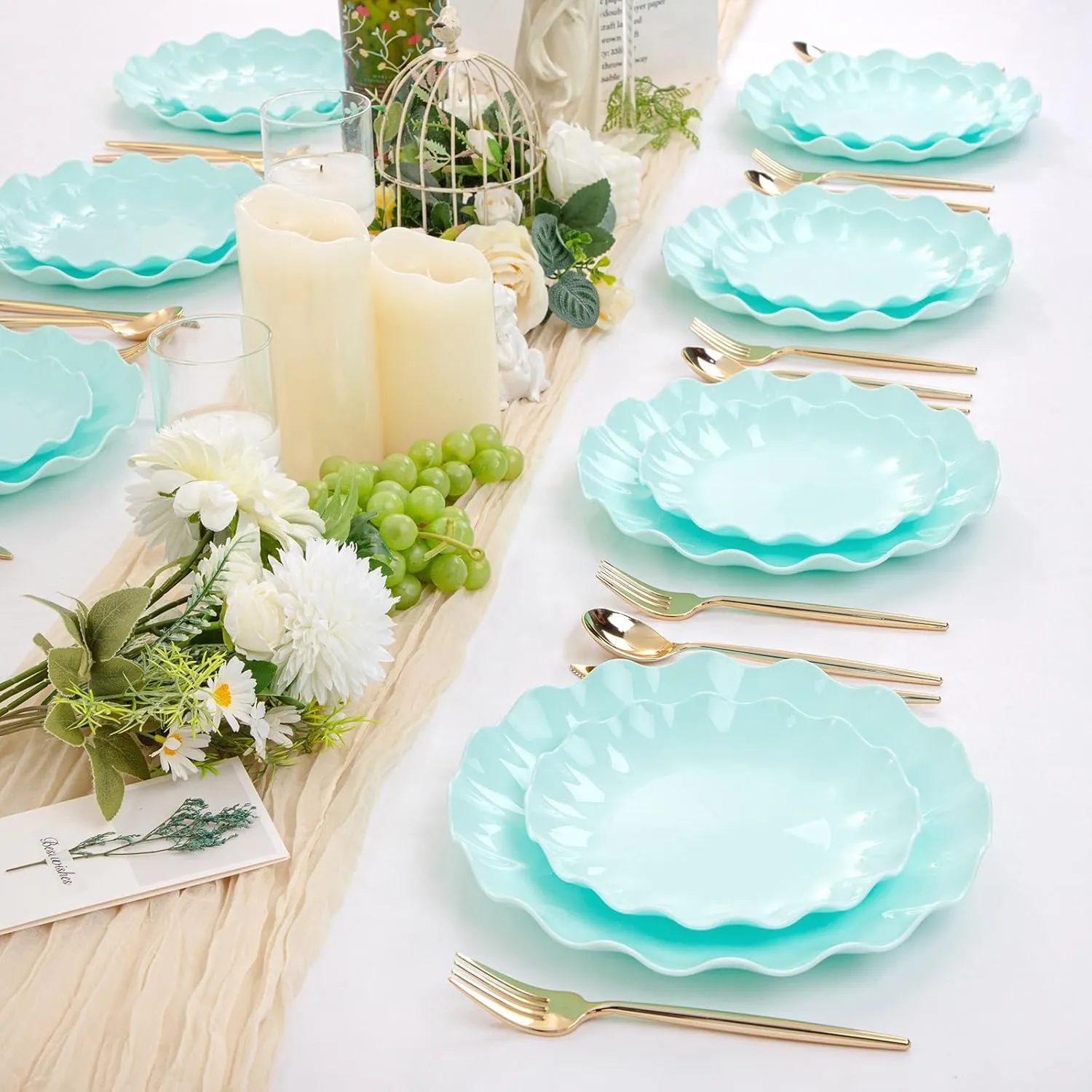 LIYH 24 Pcs Plastic Plates Reusable - Unbreakable Party Scalloped Plates, Microwave & Dishwasher Safe Camping Plate Sets Perfect for Parties, Wedding, Birthday, Picnics, BPA Free (12Guests)