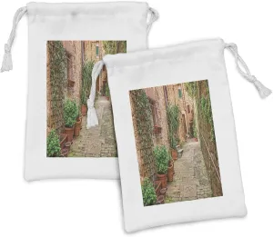 Lunarable Tuscan Fabric Pouch Set of 2, Greenery Botanical Medieval Walls Nature Old Town Settlement Alley Dreamy Aisle, Small Drawstring Bag for Toiletries Masks and Favors, 9" x 6", Multicolor